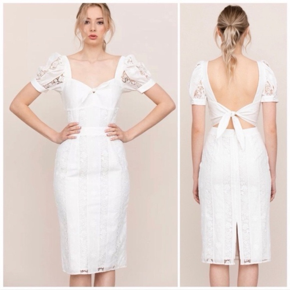 Yumi Kim Mine Forever Dress White Midi Pencil Puff Sleeve Lace Size XS